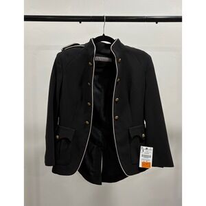Zara Basic Black Military Blazer Gold Buttons White Piping Womens S